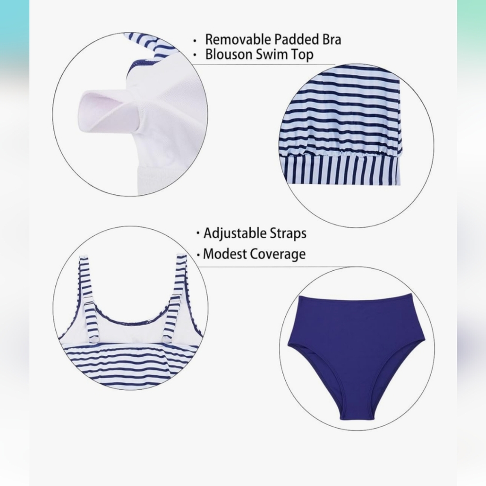 Younique Striped Blue and White Tankini Set - Picture 4 of 6